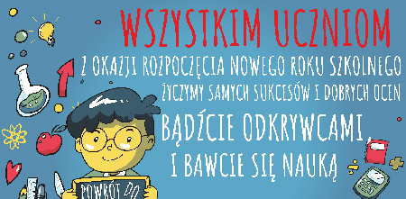 Niebieska kartka z uczniem, który składa życzenia z okazji nowego roku szkolnego